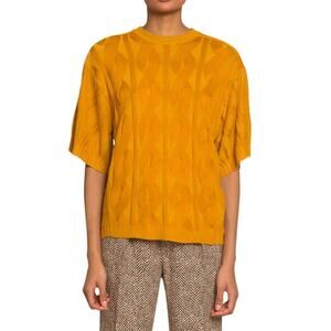 Chloe Golden Yellow Wool Silk Blend Cable Knit Relaxed Short Sleeve Sweater XS